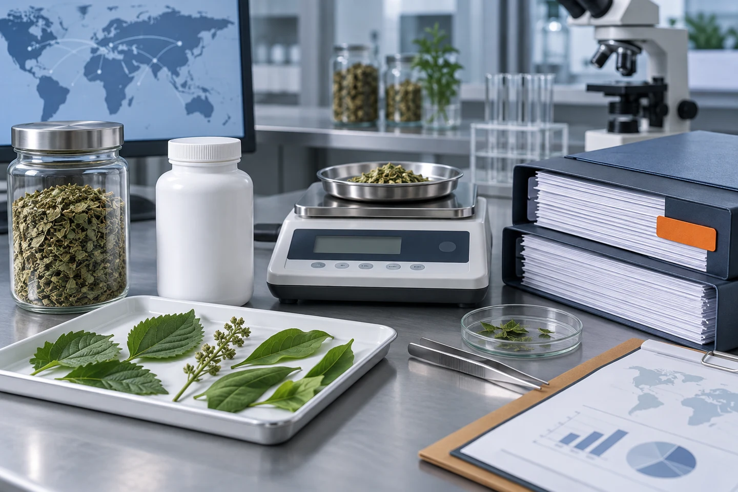 Illustrative botanical quality-control bench with ingredient samples and regulatory records