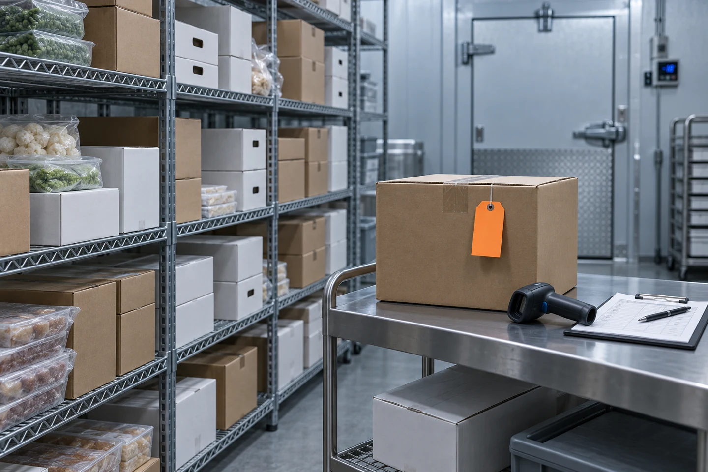 Illustrative foodservice freezer with isolated carton, stock records and barcode scanner