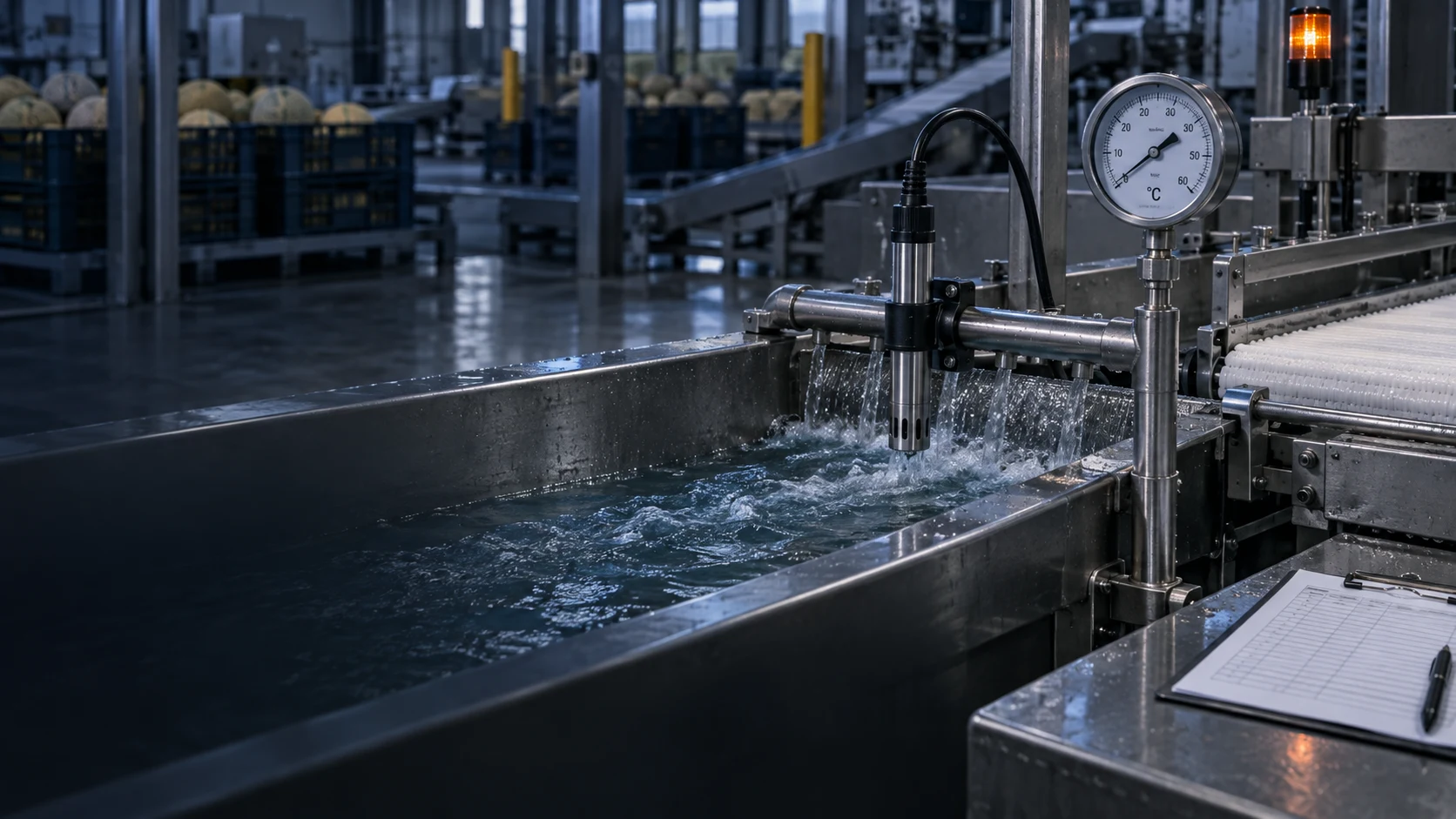 Produce wash-control station with water monitoring, food-contact conveyor, and lot record