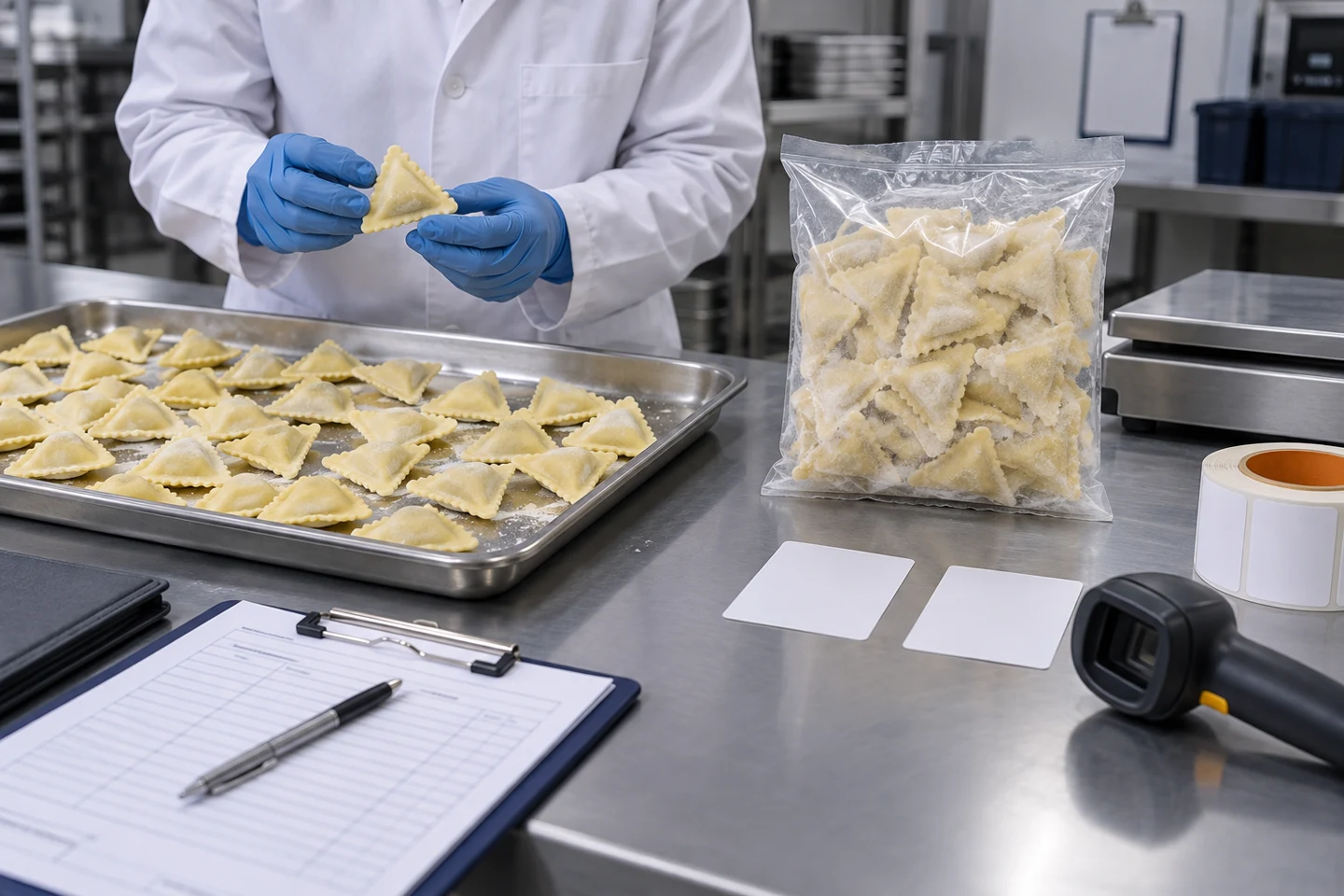 Illustrative pasta packaging check with physical product, generic sealed bag and batch documentation